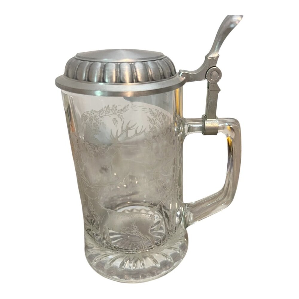 Vtg Domex Glass Beer Stein With 95% Zinn Pewter Lid & Etched Deer Scene Design